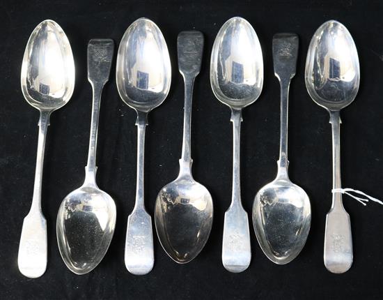 Seven Victorian and later silver fiddle pattern tablespoons, 16 oz.